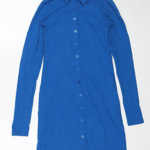 Motel Womens Blue Cotton Shirt Dress Size M Collared Button