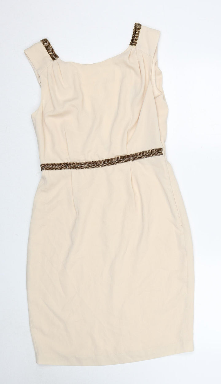 Warehouse Womens Beige Polyester A-Line Size 12 Round Neck Zip