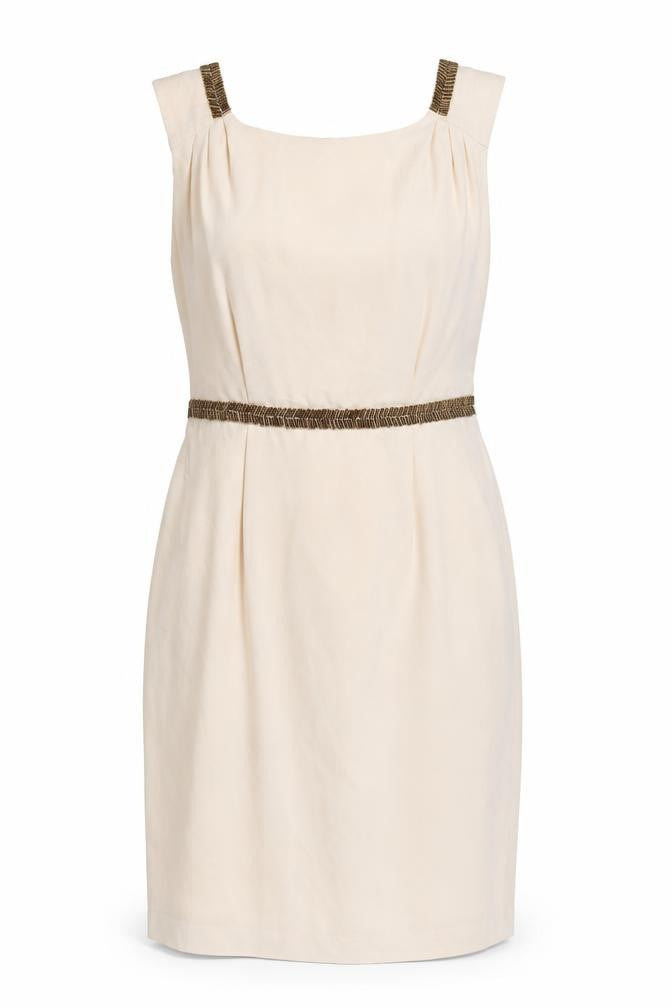 Front view of Warehouse women’s beige polyester a-line, size UK 12, round neck zip