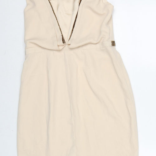 Warehouse Womens Beige Polyester A-Line Size 12 Round Neck Zip