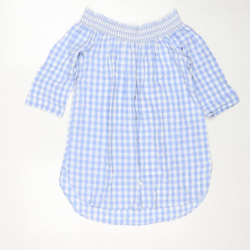 River Island Womens Blue Check Cotton Basic Blouse Size 12 Off the Shoulder