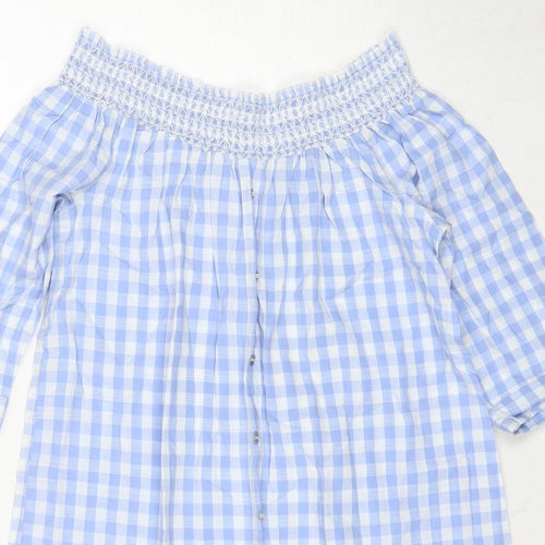 River Island Womens Blue Check Cotton Basic Blouse Size 12 Off the Shoulder