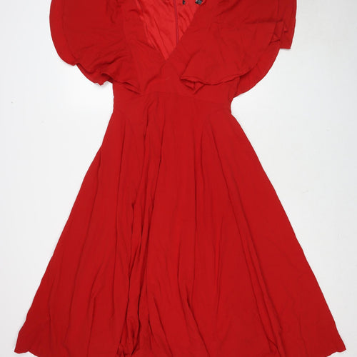Boohoo Womens Red Polyester Fit & Flare Size 10 V-Neck Zip