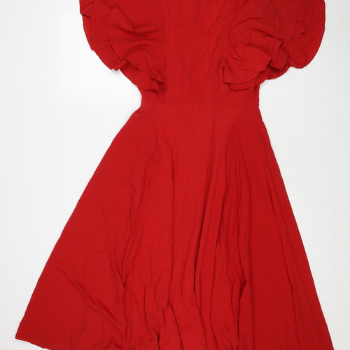 Boohoo Womens Red Polyester Fit & Flare Size 10 V-Neck Zip