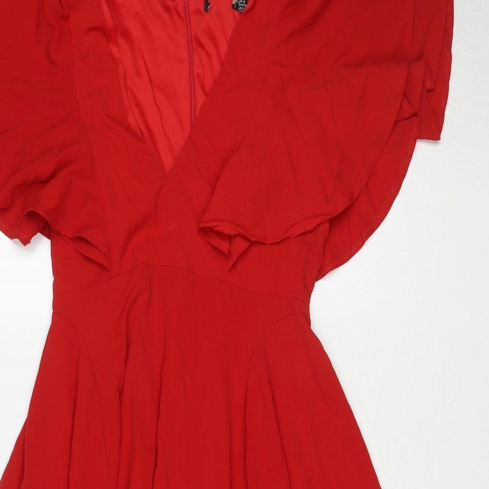 Boohoo Womens Red Polyester Fit & Flare Size 10 V-Neck Zip