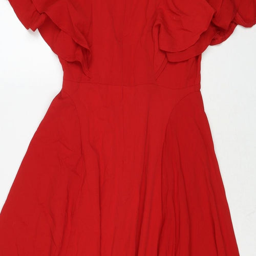 Boohoo Womens Red Polyester Fit & Flare Size 10 V-Neck Zip