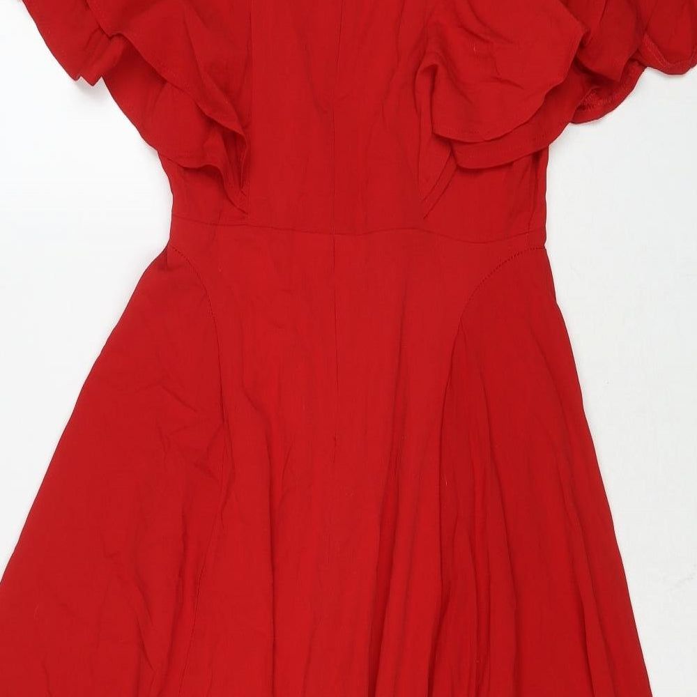 Boohoo Womens Red Polyester Fit & Flare Size 10 V-Neck Zip