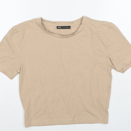 Zara Womens Beige Cotton Basic T-Shirt Size S Round Neck
