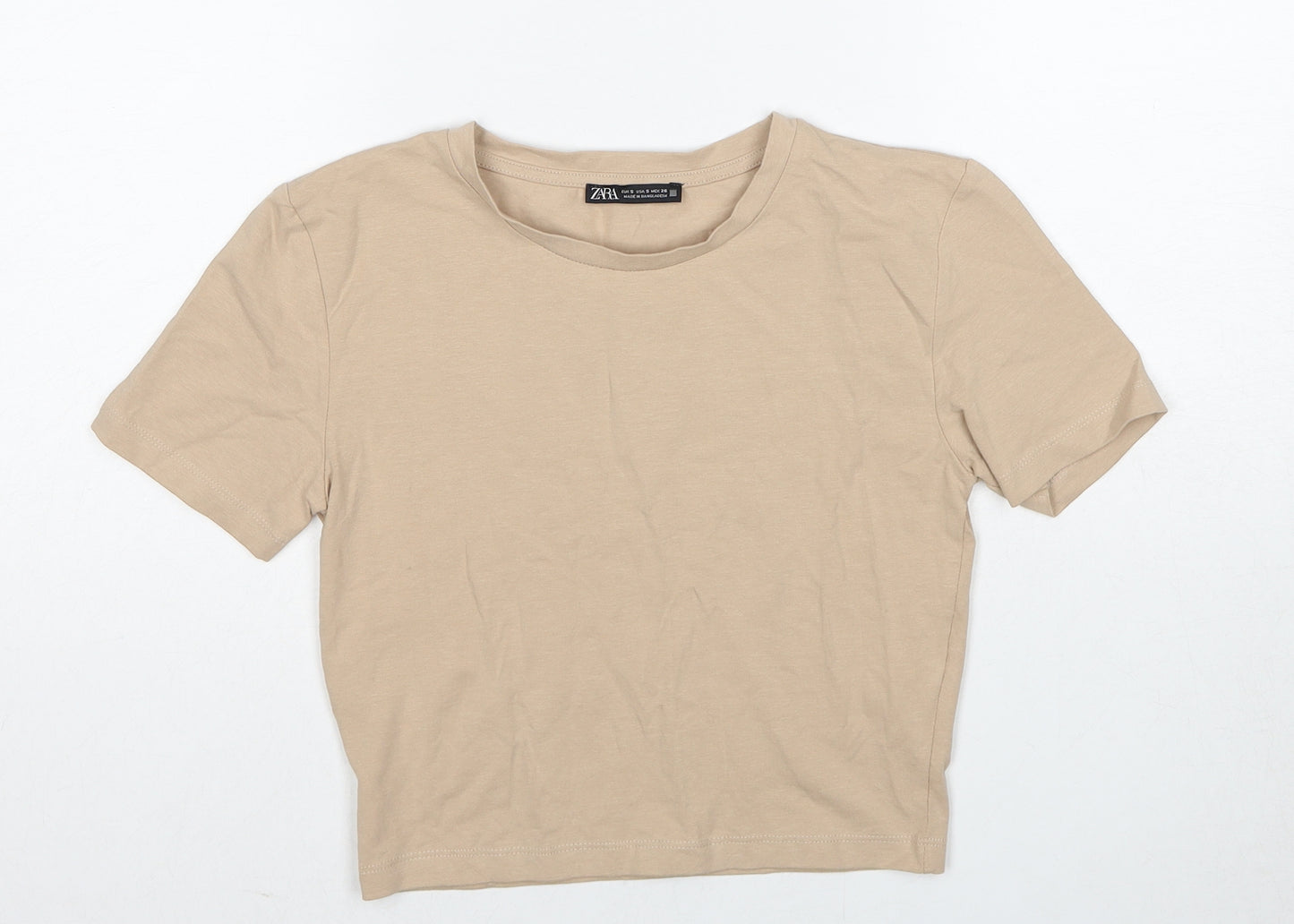 Zara Womens Beige Cotton Basic T-Shirt Size S Round Neck