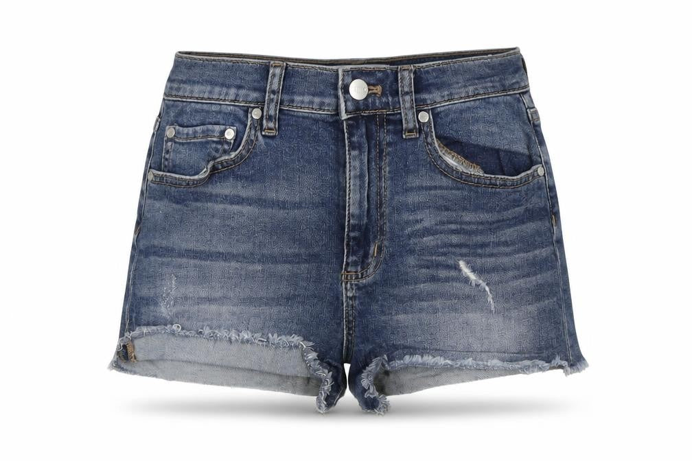 Front view of PINK women’s blue cotton cut-off shorts, size UK 6, regular zip