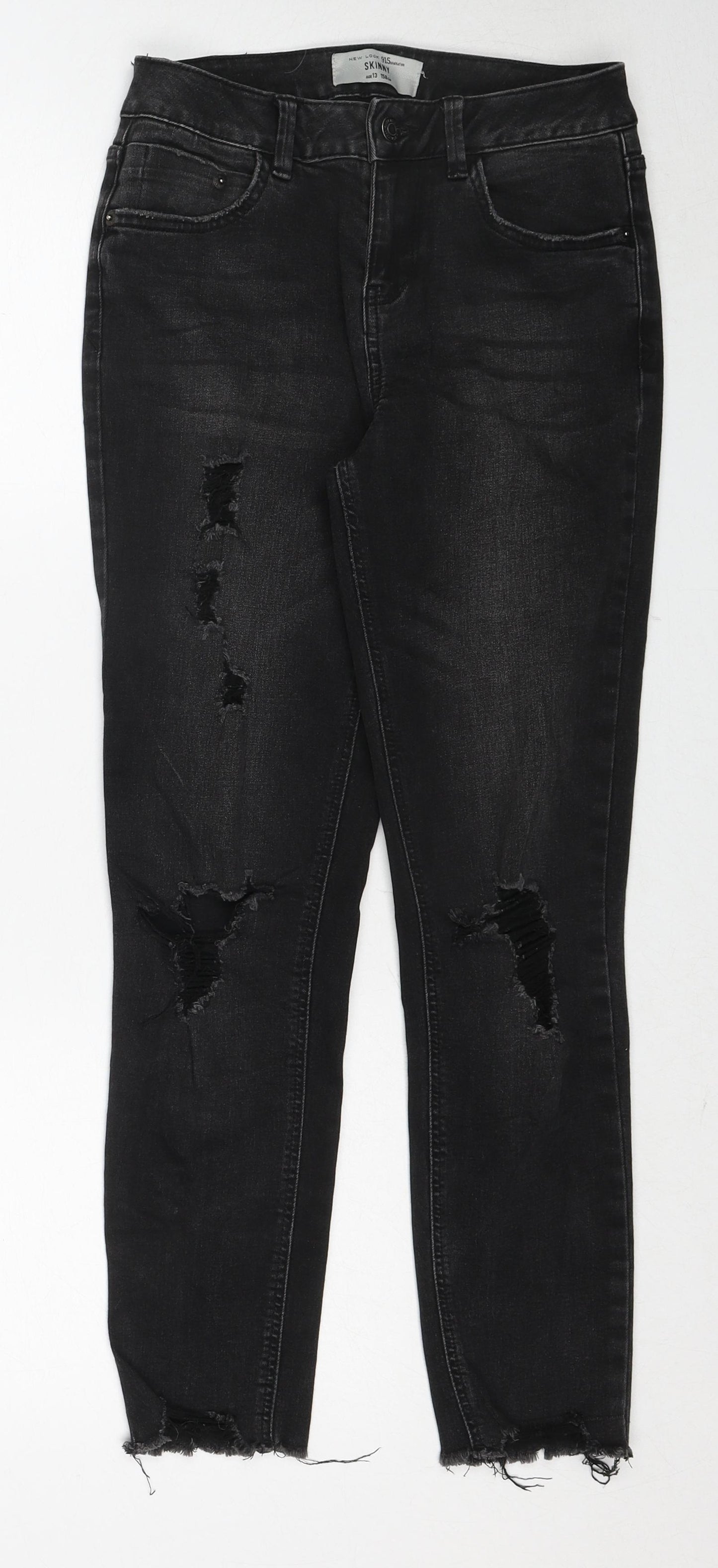 New Look Girls Black Cotton Skinny Jeans Size 13 Years Regular Zip - Distressed