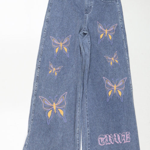 H&M Girls Blue Polyester Wide-Leg Jeans Size 10-11 Years Regular Pullover - Butterfly