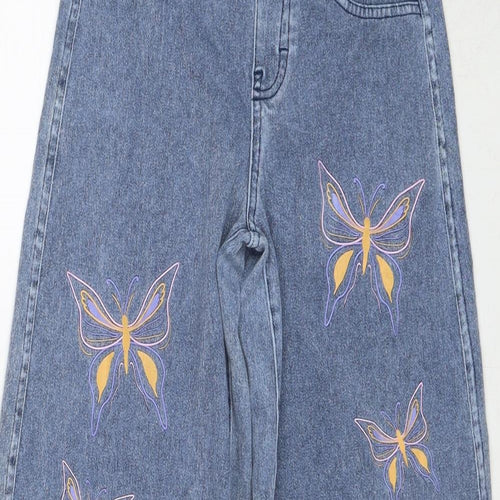 H&M Girls Blue Polyester Wide-Leg Jeans Size 10-11 Years Regular Pullover - Butterfly