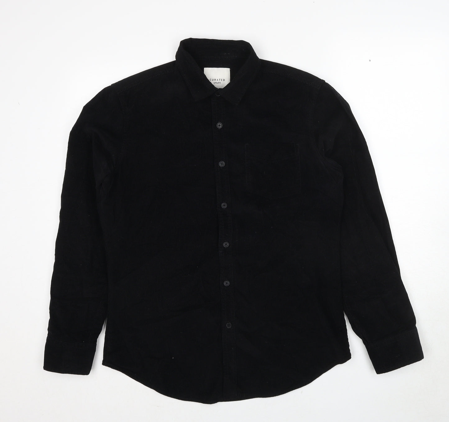 Curated Mens Black Cotton Button-Up Size M Collared Button