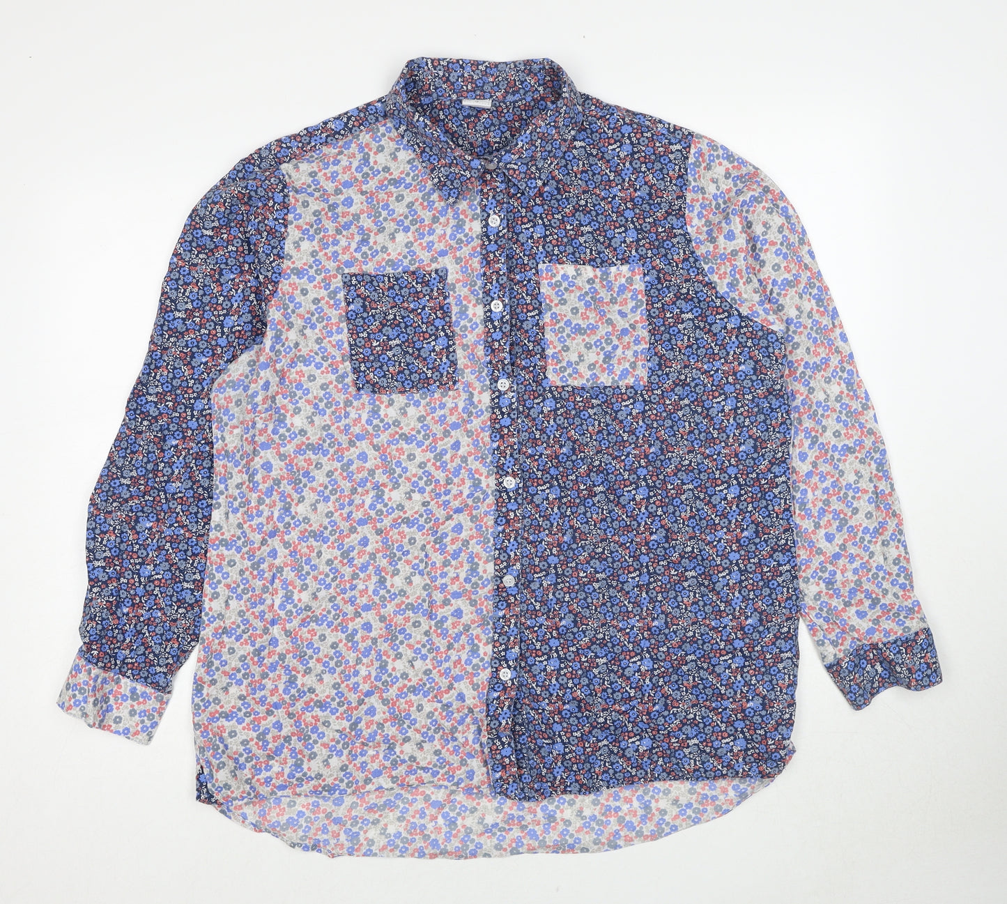 Cotton Traders Womens Blue Floral Cotton Basic Button-Up Size 18 Collared