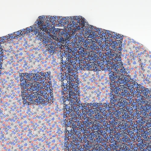 Cotton Traders Womens Blue Floral Cotton Basic Button-Up Size 18 Collared