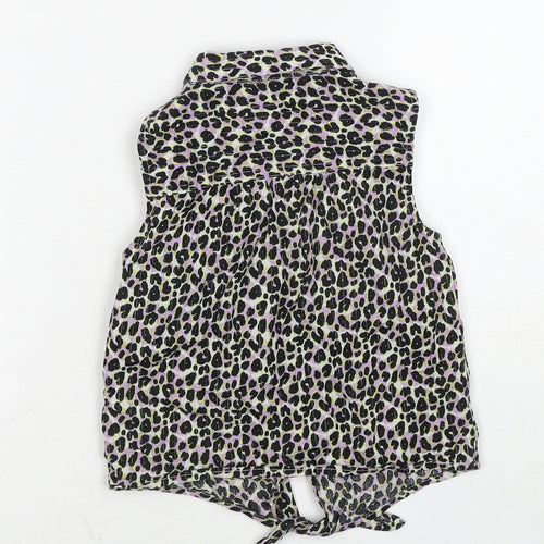 NEXT Girls Black Animal Print Cotton Basic Button-Up Size 6 Years Collared Button - Leopard Print Knot Front
