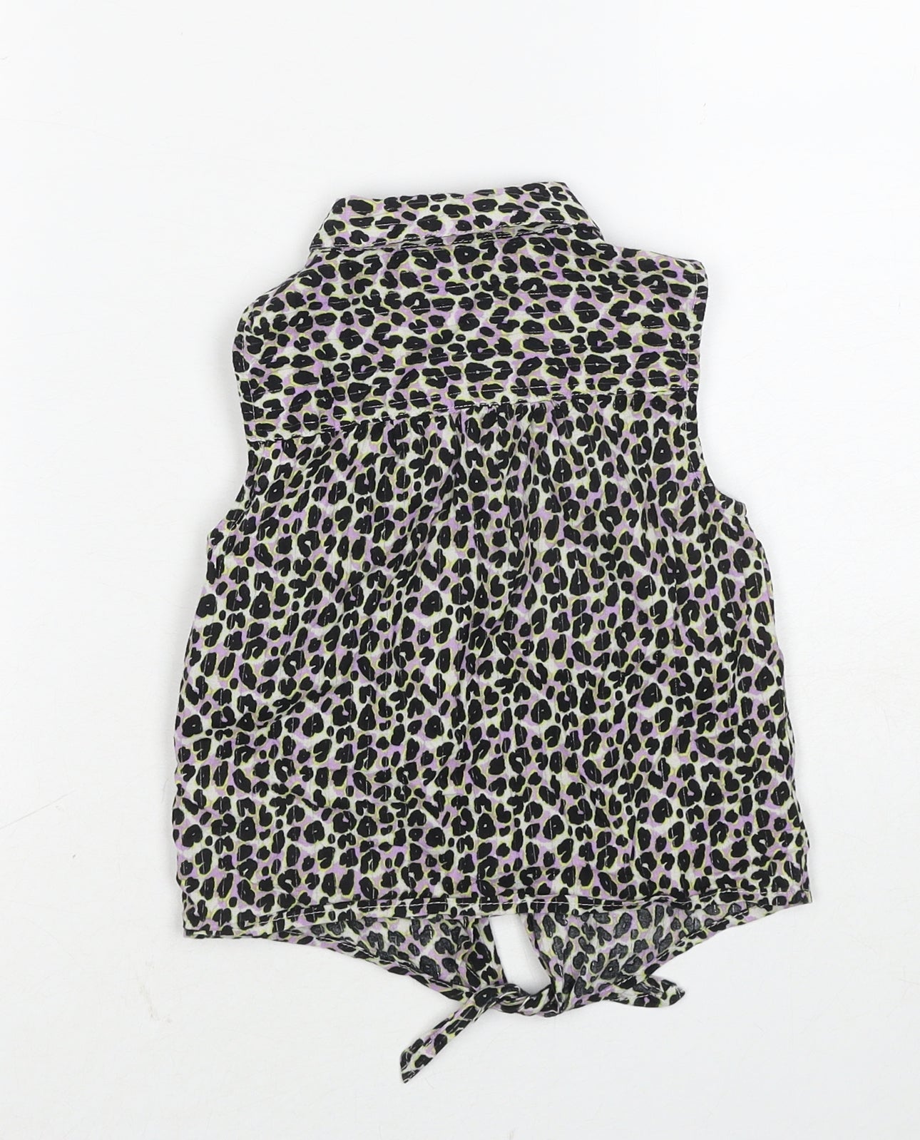 NEXT Girls Black Animal Print Cotton Basic Button-Up Size 6 Years Collared Button - Leopard Print Knot Front