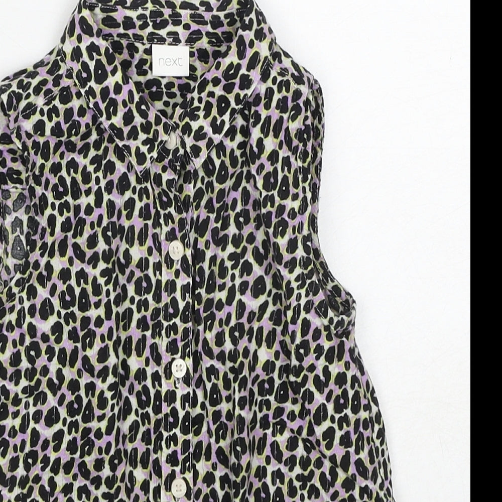 NEXT Girls Black Animal Print Cotton Basic Button-Up Size 6 Years Collared Button - Leopard Print Knot Front