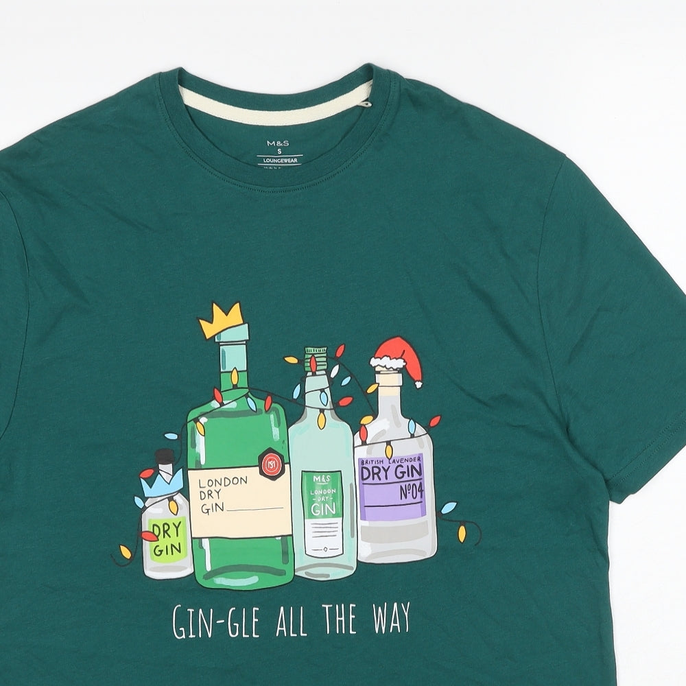 Marks and Spencer Mens Green Cotton T-Shirt Size S Round Neck - Christmas Gin-Gle all The Way