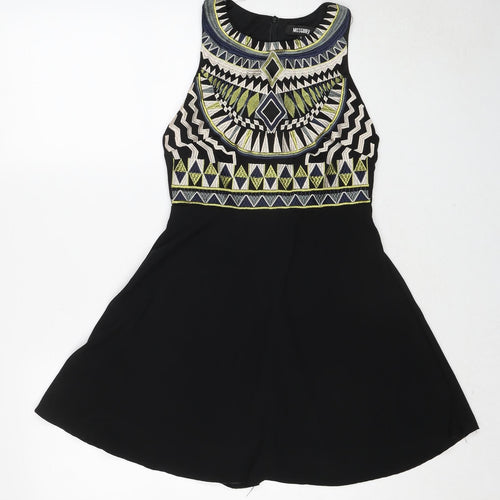 Missguided Womens Black Geometric Polyester Fit & Flare Size 8 Round Neck Zip