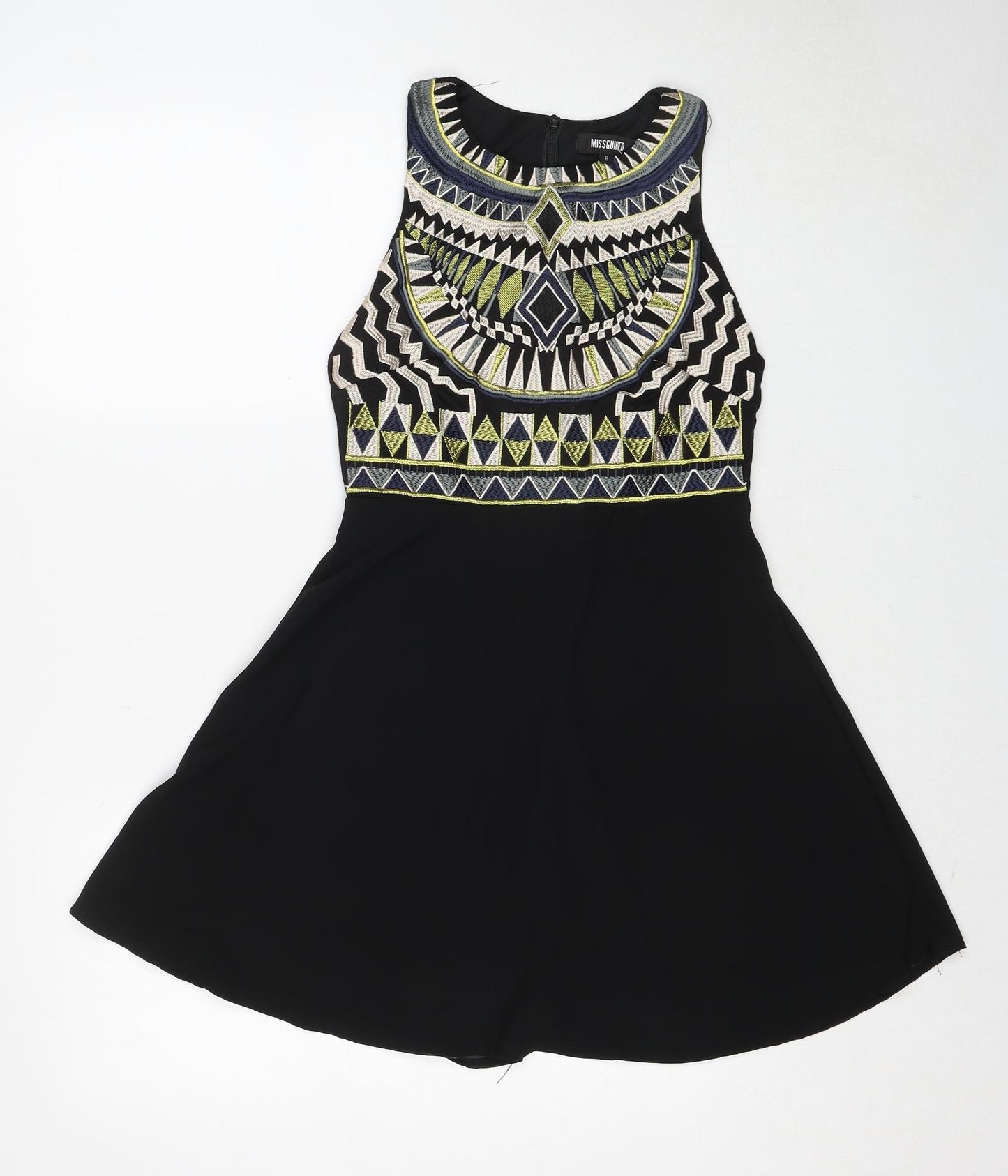 Missguided Womens Black Geometric Polyester Fit & Flare Size 8 Round Neck Zip