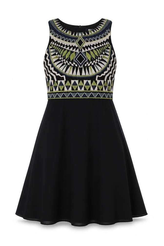 Front view of Missguided women’s black geometric polyester fit & flare, size UK 8, round neck zip