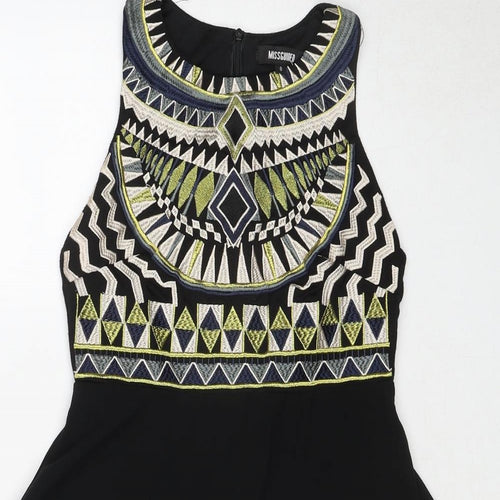 Missguided Womens Black Geometric Polyester Fit & Flare Size 8 Round Neck Zip