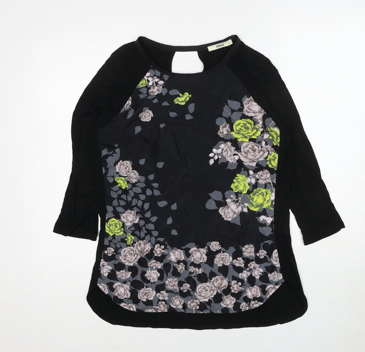 Oasis Womens Black Floral Viscose Basic Blouse Size M Round Neck