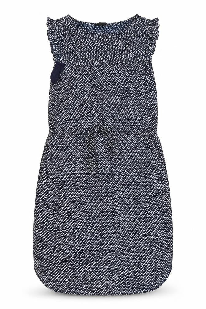 Front view of H&M women’s black geometric polyester a-line, size UK 10, round neck zip