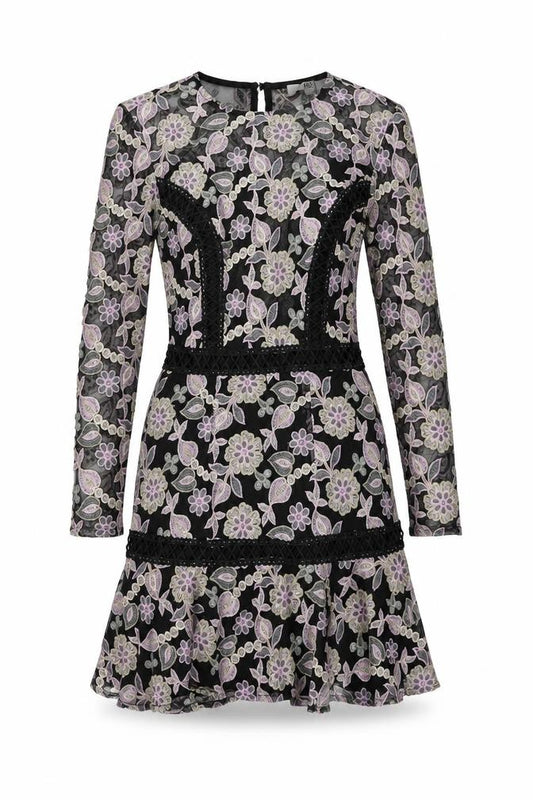 Front view of True Decadence women’s multicoloured floral polyester fit & flare, size UK 8, round neck zip