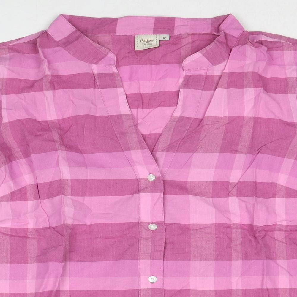 Cotton Traders Womens Pink Check Cotton Basic Button-Up Size 12 V-Neck