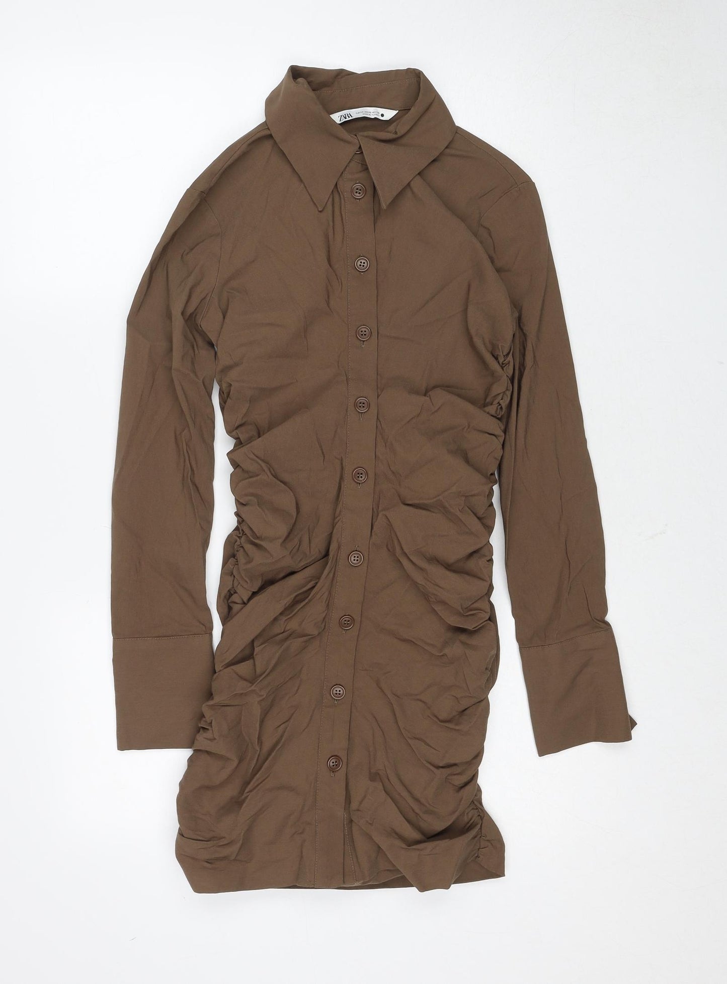 Zara Womens Brown Viscose Shirt Dress Size XS Collared Button