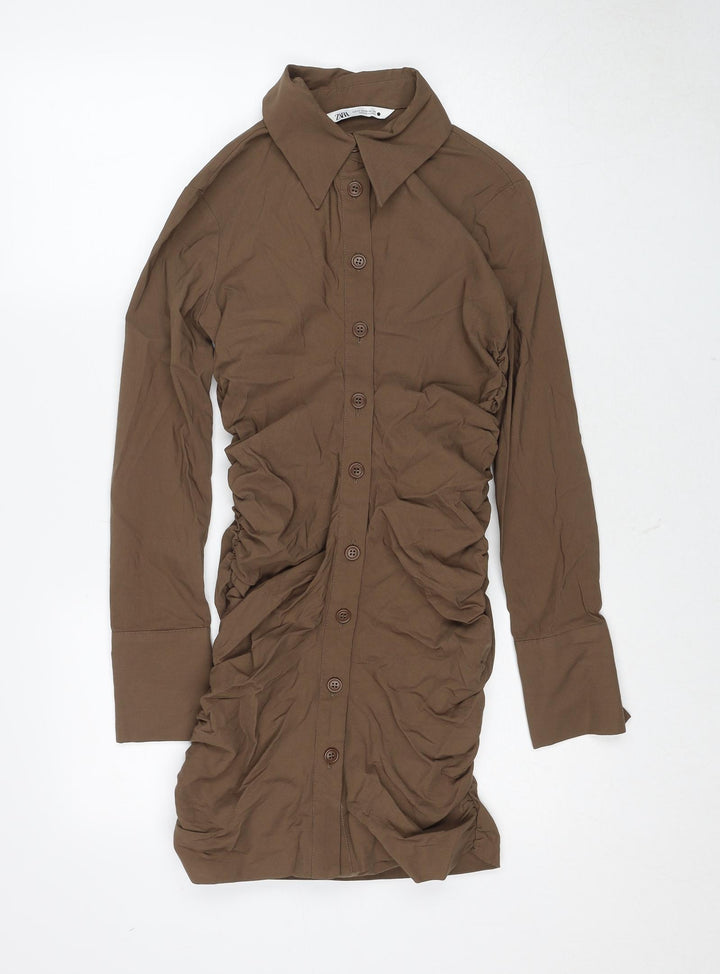 Zara Womens Brown Viscose Shirt Dress Size XS Collared Button