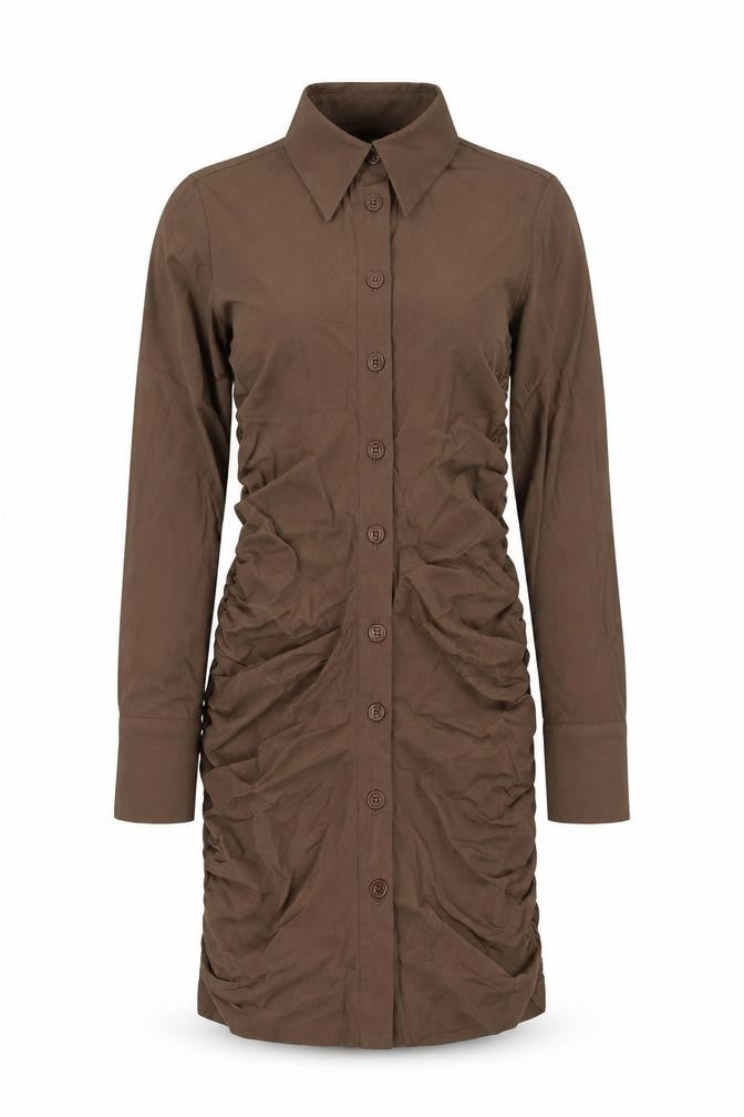 Front view of Zara women’s brown viscose shirt dress, size XS, collared button