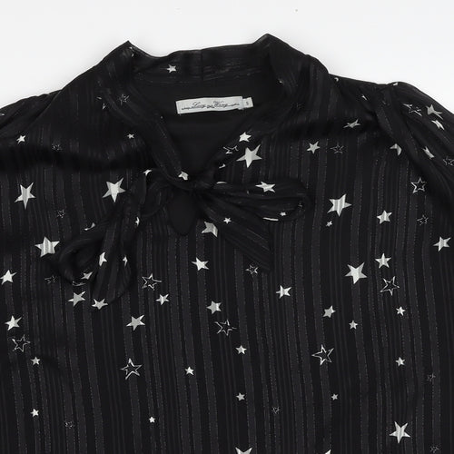 Lucy Wang Womens Black Geometric Polyester Basic Blouse Size S V-Neck - Star Pattern
