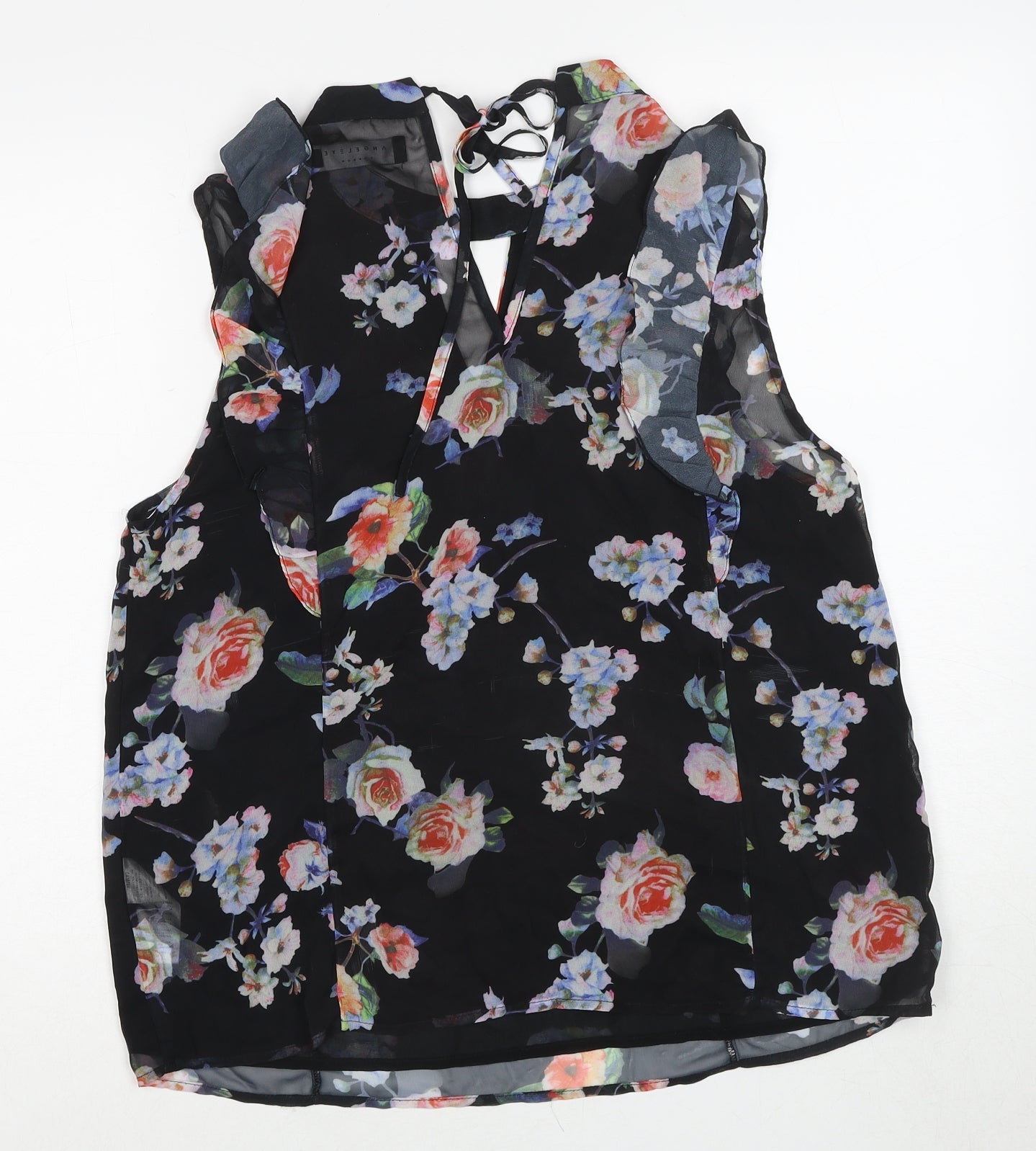 Angeleye Womens Black Floral Polyester Basic Blouse Size 14 Round Neck