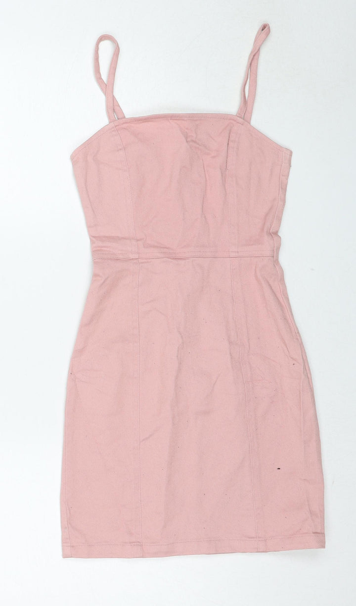 Divided by H&M Womens Pink Cotton Slip Dress Size 6 Square Neck Zip