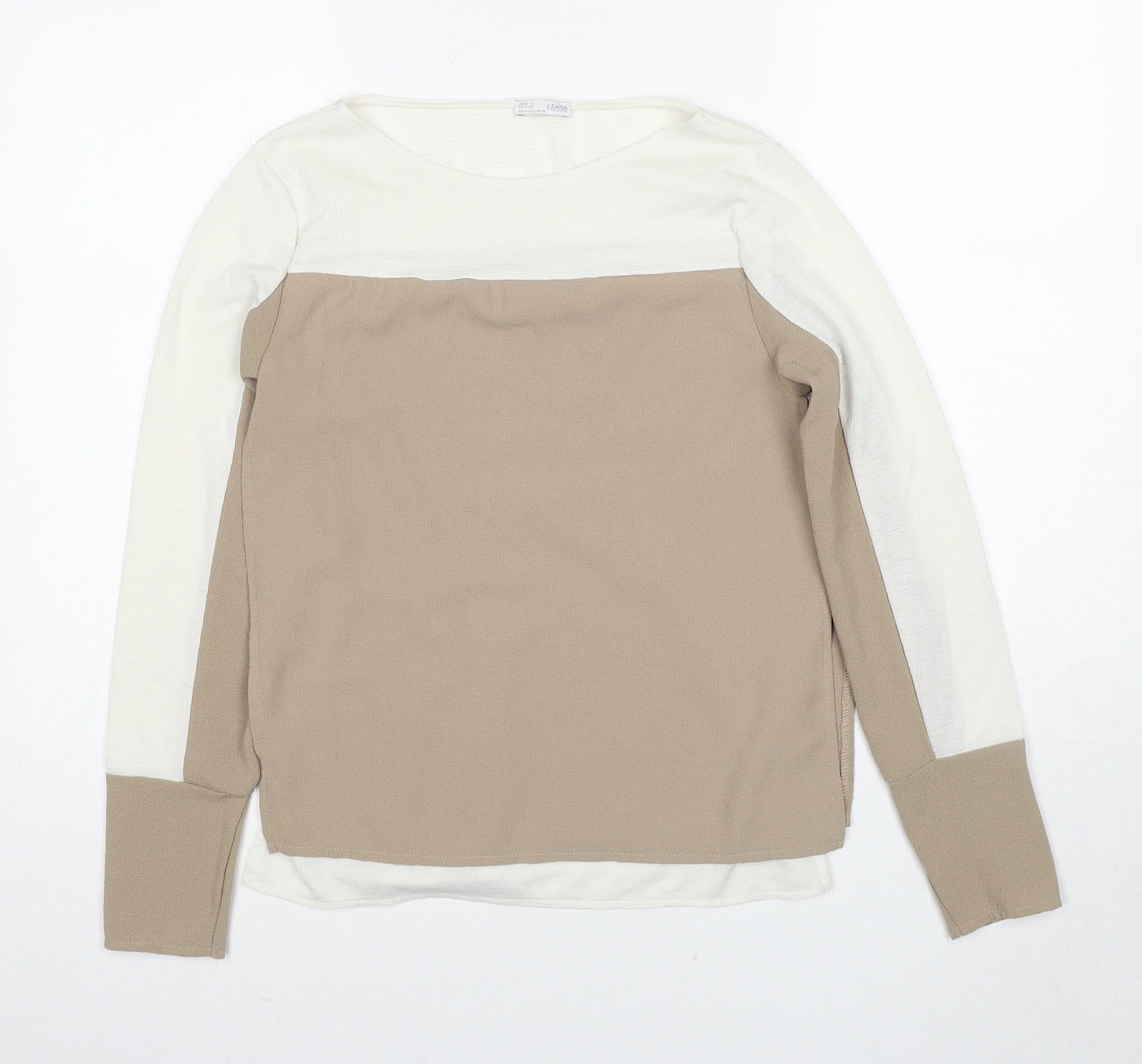 Zara Womens Beige Polyester Basic Blouse Size S Round Neck