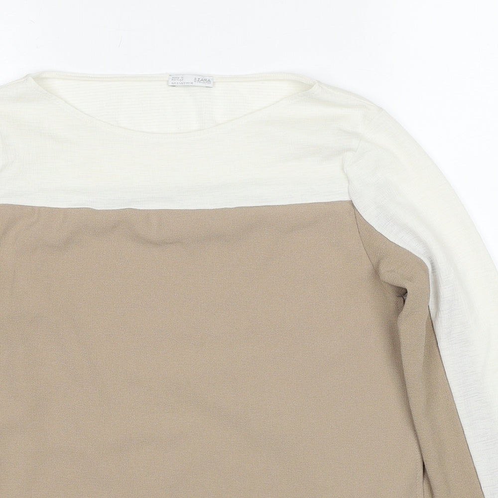 Zara Womens Beige Polyester Basic Blouse Size S Round Neck