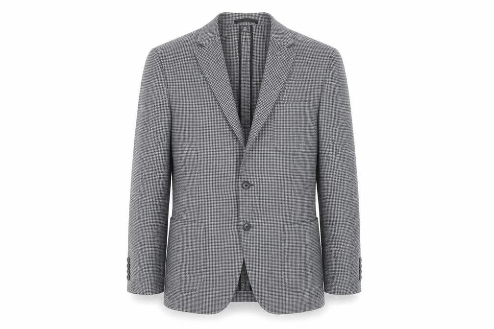 Front view of Marks & Spencer men’s black check polyester jacket blazer, size 40, regular