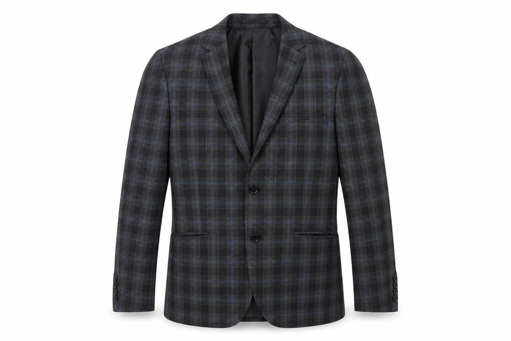 Front view of Swear & Mason men’s black check polyester jacket suit jacket, size 38, regular