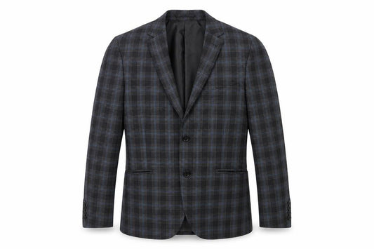 Front view of Swear & Mason men’s black check polyester jacket suit jacket, size 38, regular