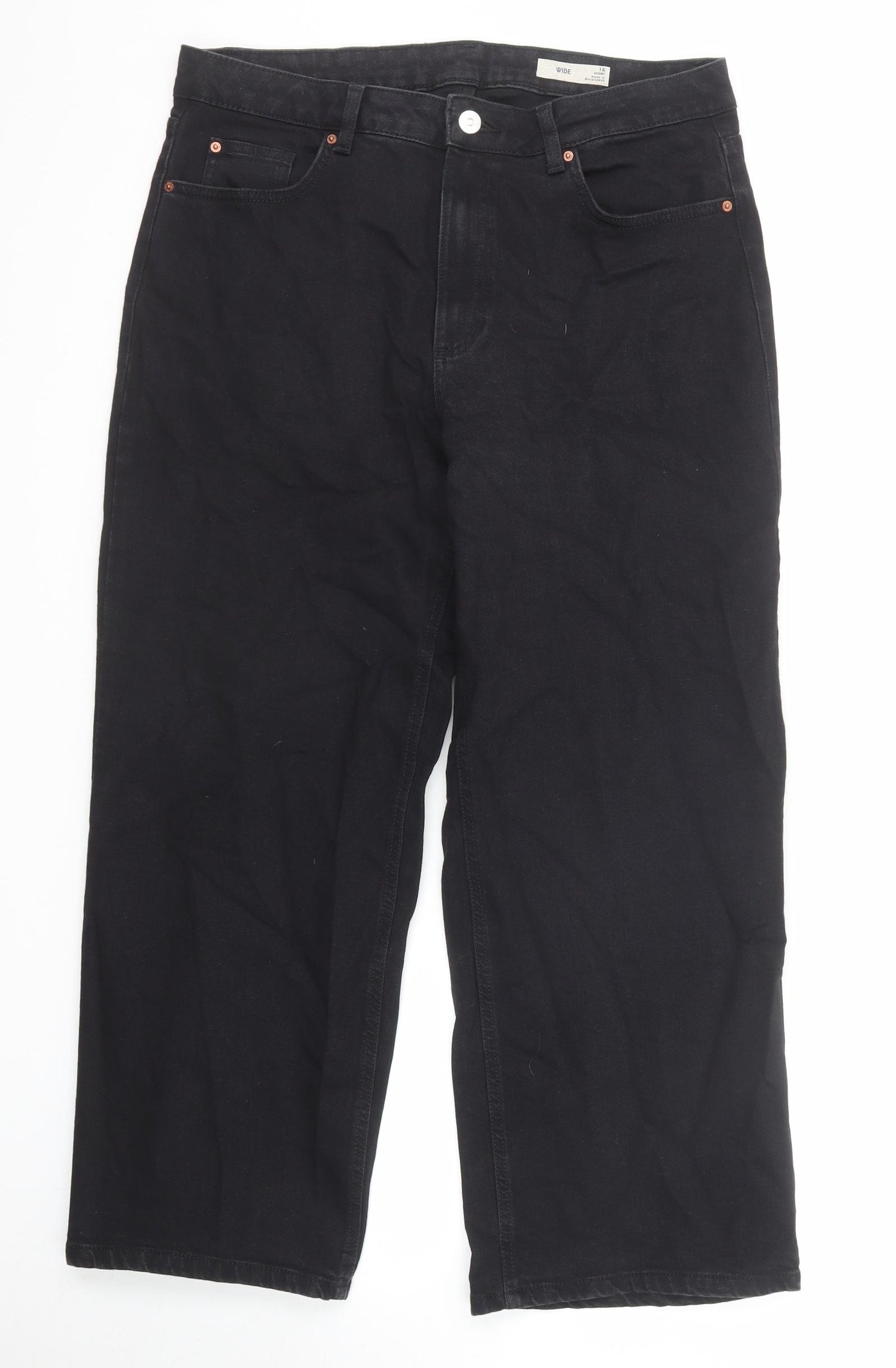 Marks and Spencer Womens Black Cotton Wide-Leg Jeans Size 16 Regular Zip