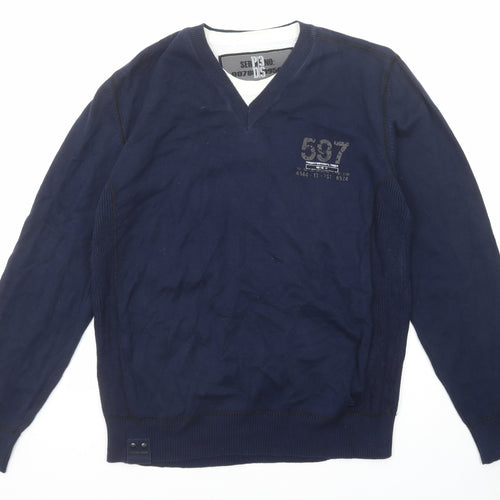 NEXT Mens Blue V-Neck Cotton Pullover Jumper Size L Long Sleeve