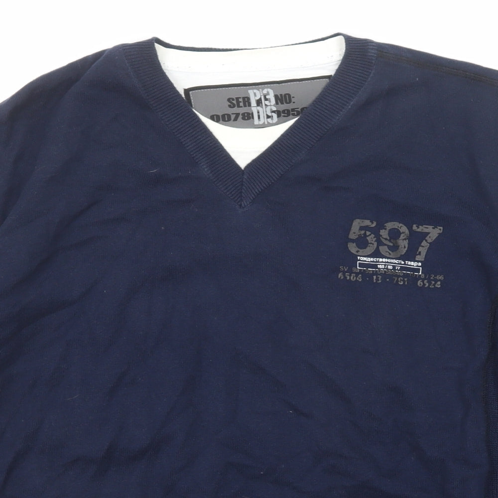 NEXT Mens Blue V-Neck Cotton Pullover Jumper Size L Long Sleeve