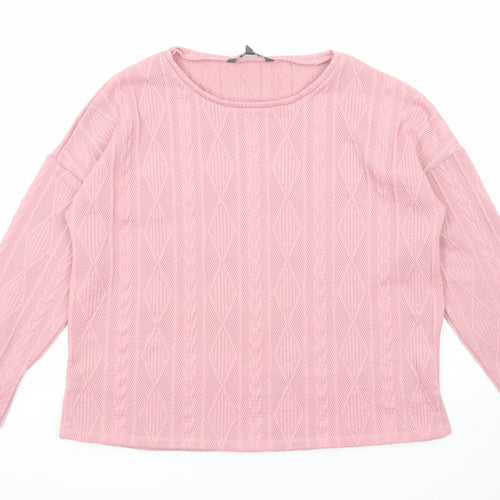 Bonmarché Womens Pink Round Neck Geometric Polyester Pullover Jumper Size 14