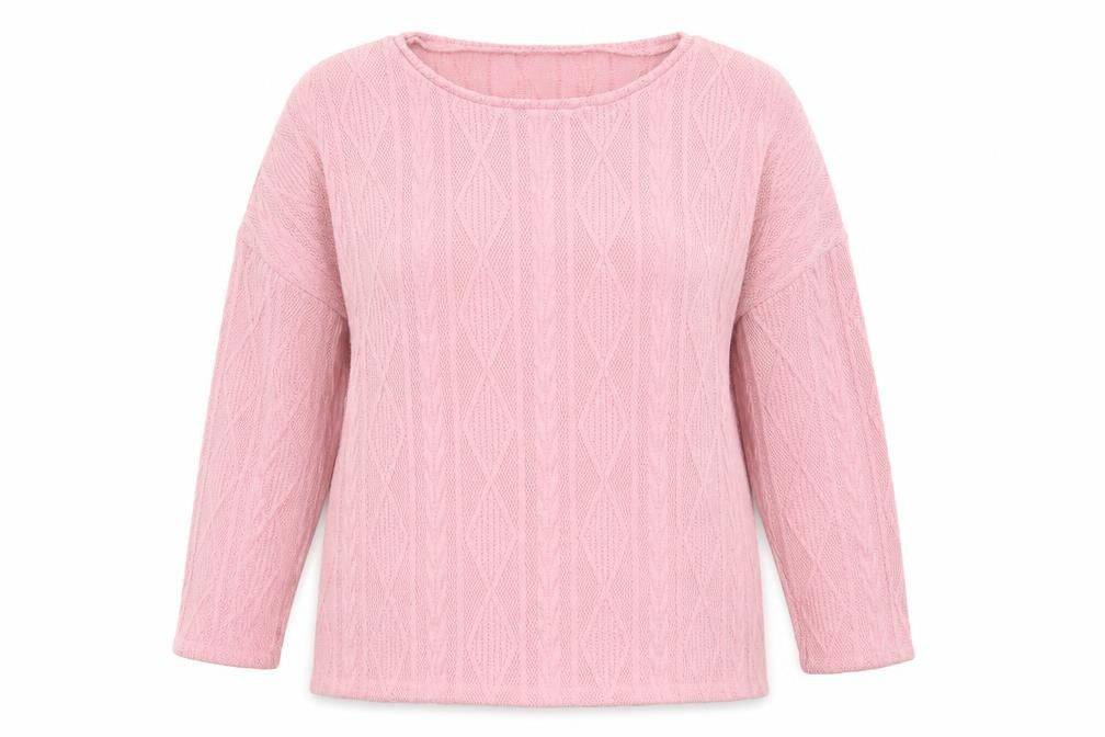 Front view of Bonmarché women’s pink round neck geometric polyester jumper, size UK 14
