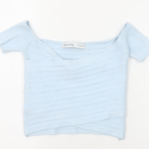 Bershka Womens Blue Viscose Cropped T-Shirt Size M V-Neck