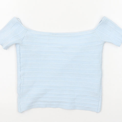 Bershka Womens Blue Viscose Cropped T-Shirt Size M V-Neck